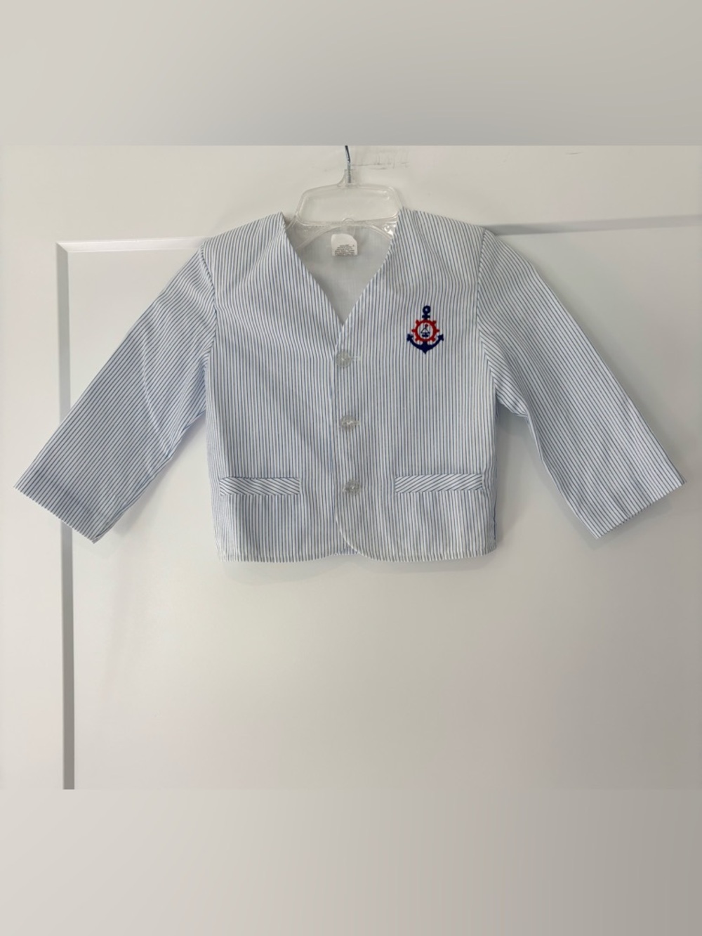 Vintage 90s White and Blue Striped Sailor Anchor Blazer Jacket Size 4T